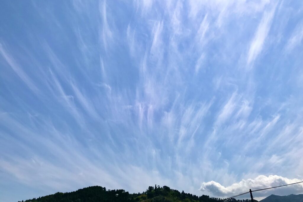 青空に刷毛で引いたように伸びるすじ雲（巻雲）