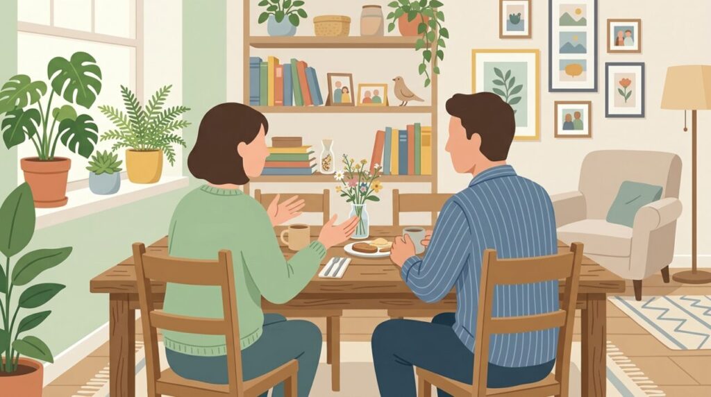 夫婦で子育て方針について話し合うリビングの風景