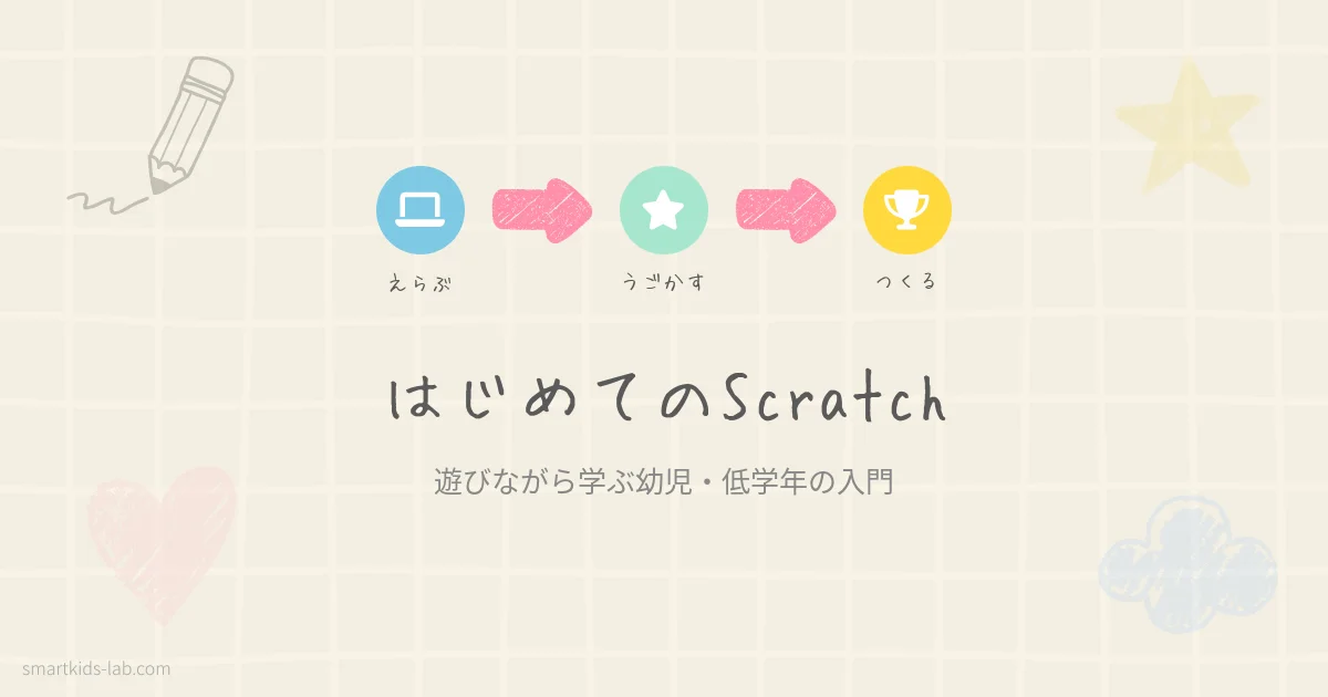 スマートキッズラボのアイキャッチ画像：幼児・低学年向けScratchプログラミングの始め方を解説するブログ記事