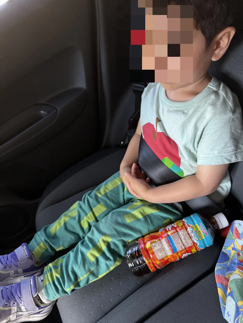 簡易シートベルトを装着して車の後部座席に座る3歳児(モザイク処理済み)